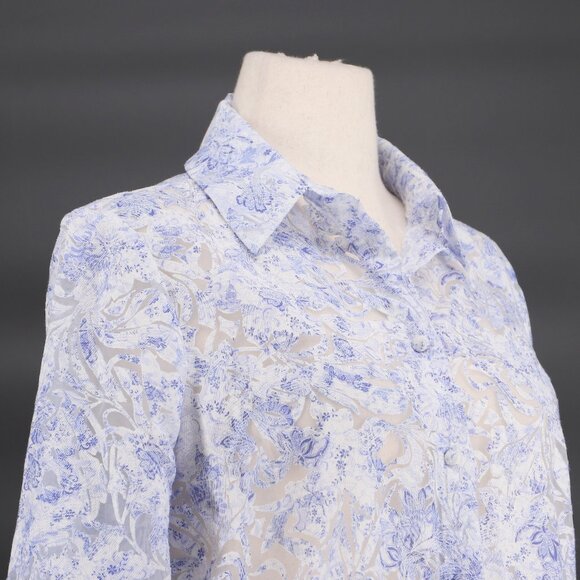 ZARA Sheer Burnout Damask Blue & White Floral Button Down Blouse Top Size L - Picture 3 of 7